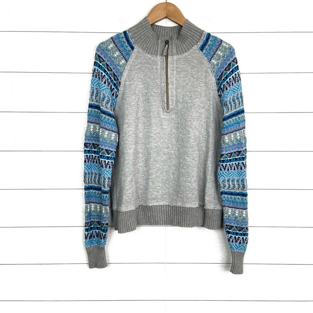 SUNDANCE Fair Isle Sleeve Half Zip Cotton Pullover Sweater Gray Blue